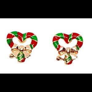 Christmas Red Green Enamel Candy Cane Heart w/ Bow Rose Gold Tone Stud Earrings